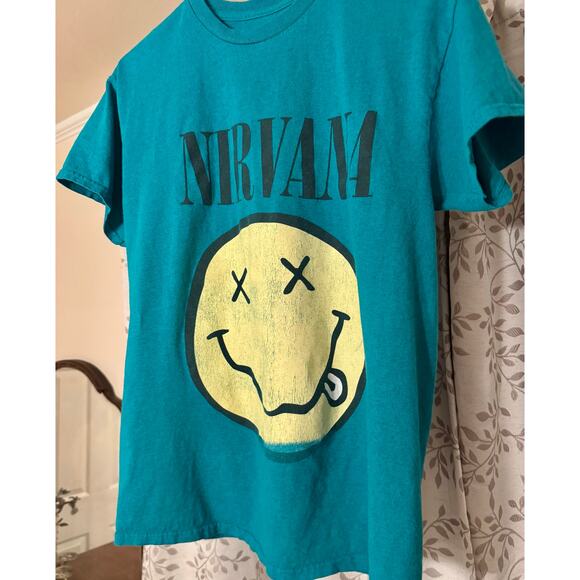 Nirvana Smiley Face Graphic Unisex Teal Band Tee size Medium - Picture 2 of 5